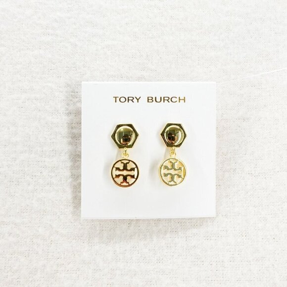 Tory Burch Hexagon Circle Logo Drop Earrings Gold OS - Picture 7 of 12
